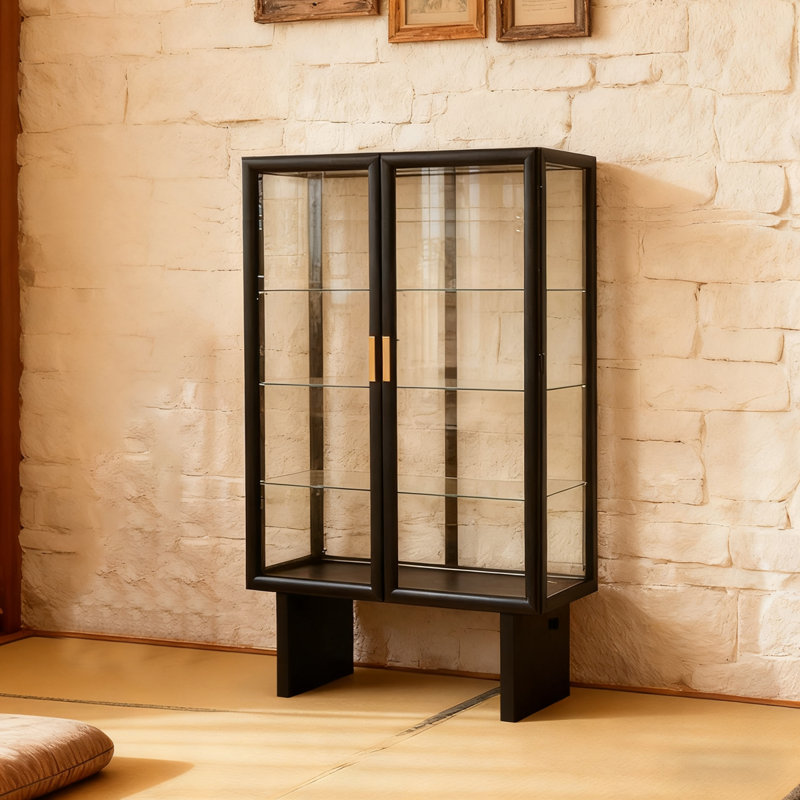 Bois noir massif + vitrines en verre trempé, 66.93" H x 43.31" W x 17.72" D