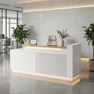 Bureau de réception en forme de L de 63 po avec DEL et chargement intégré, comptoir de caisse avant blanc pour salon, commerce de détail et bureau