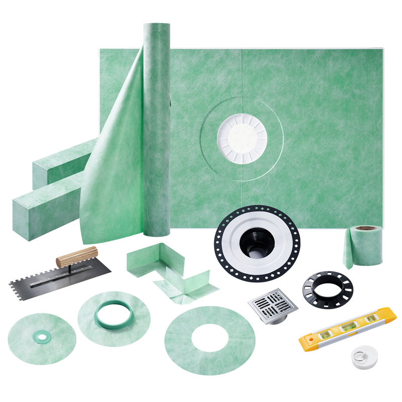 Ensemble de bordure de douche 38 po x 60 po, ensemble d'installation de douche complète avec plateau, bordure, membrane imperméable, joints, coins, bride de fixation, truelle et niveau - prise centrale