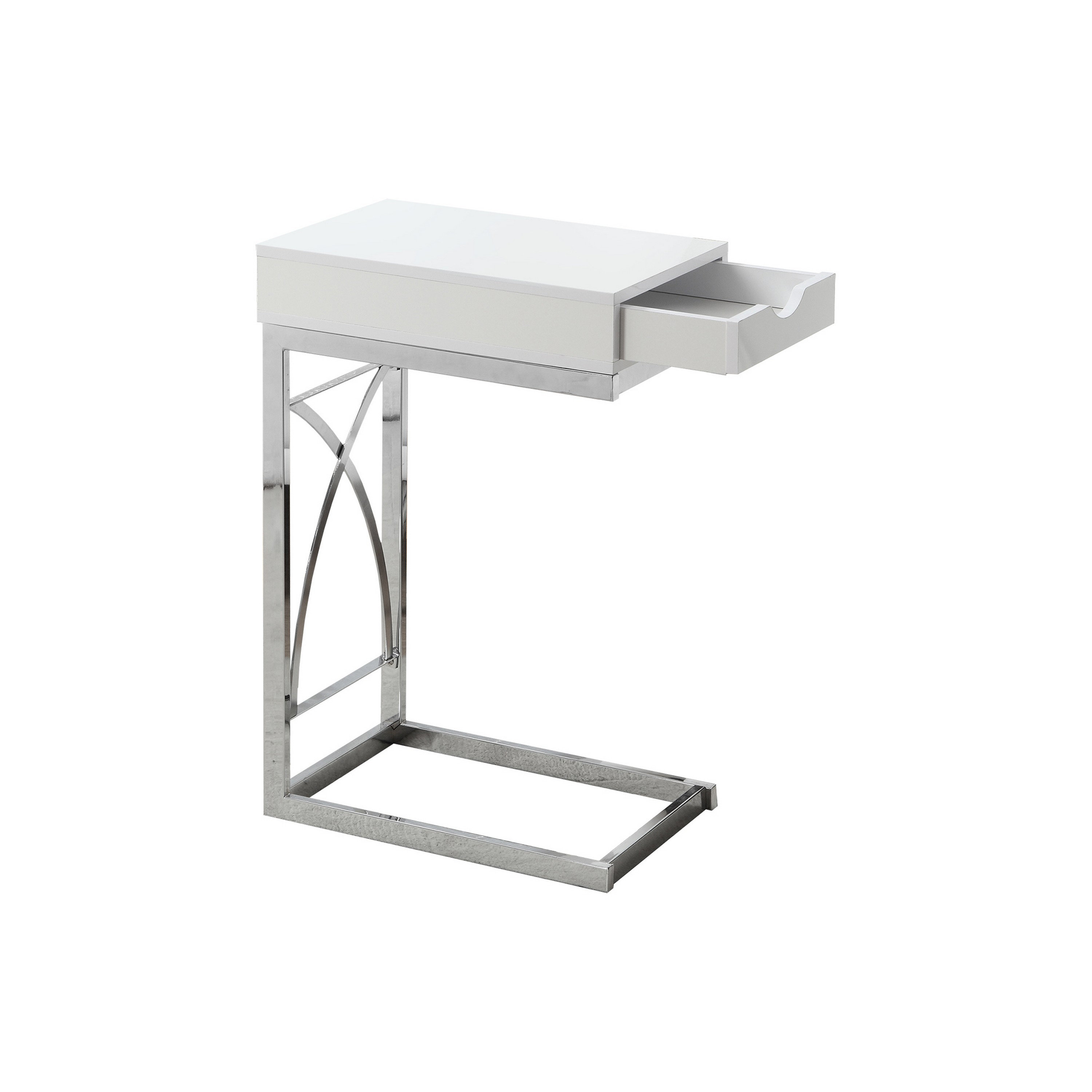 Benjara Tyler Accent Table, C Shape, 1 Drawer, Glossy White, Chrome