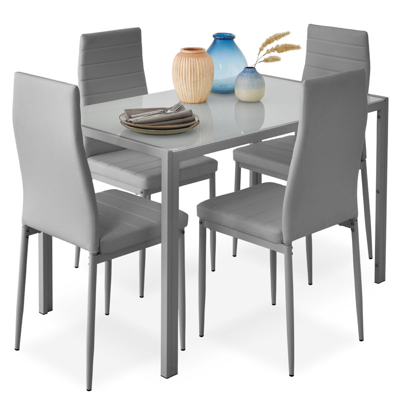 Hekimhan 5-Piece Kitchen Dining Table Set w/ Glass Tabletop, 4 Faux Leather Chairs, Ivory, Ivory/Gold