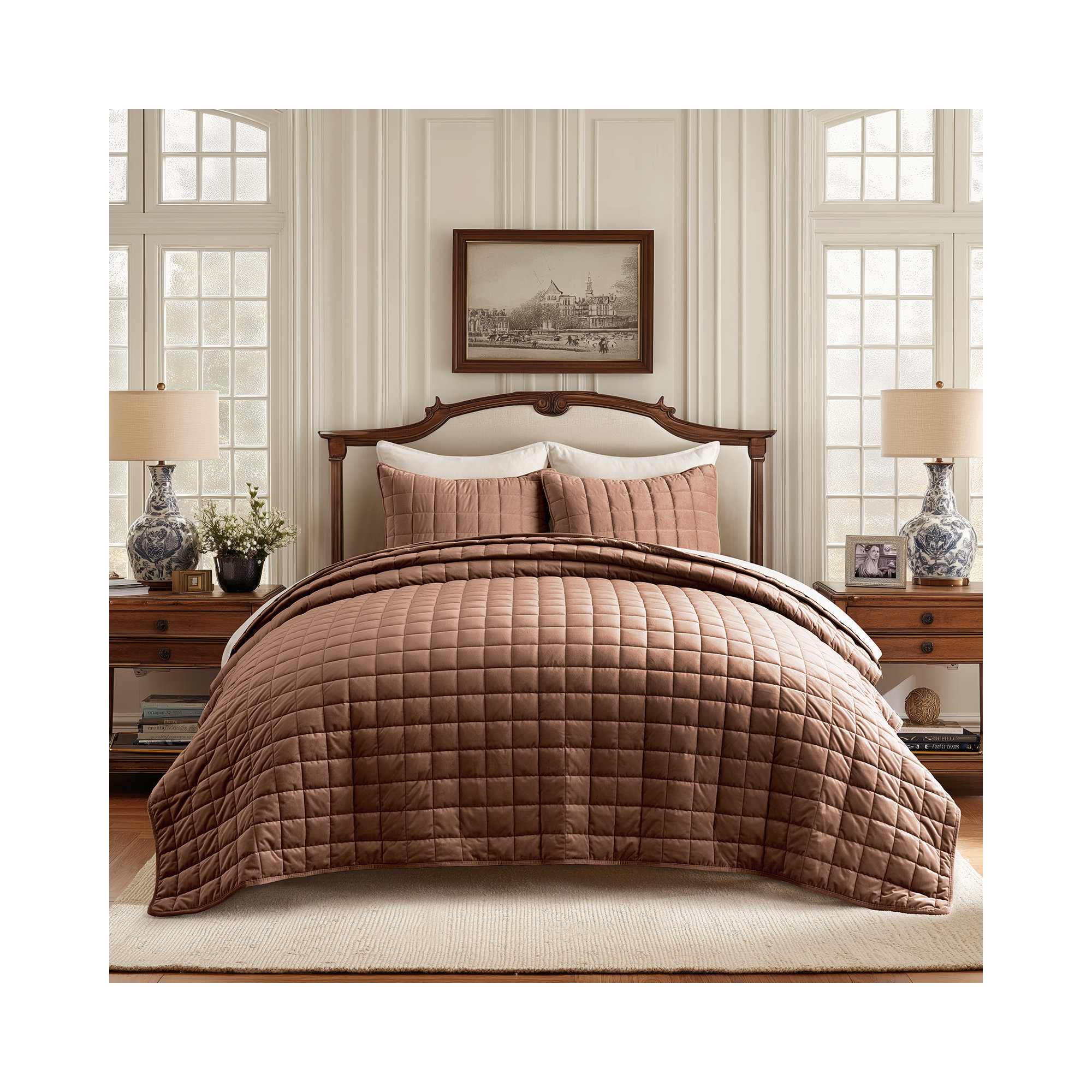 Box Stitch PearlVelvet Quilt set, Queen Quilt + 2 Standard Shams, Terracotta Clay