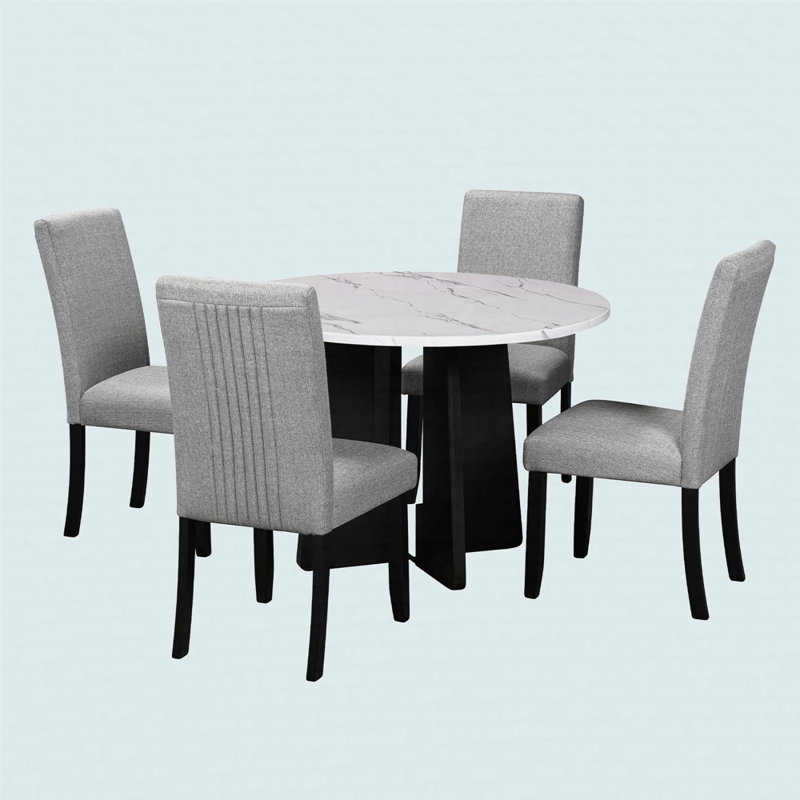 Ensemble de table de salle à manger 5 pièces 43 po et 4 chaises rembourrées, Gris, Blanc