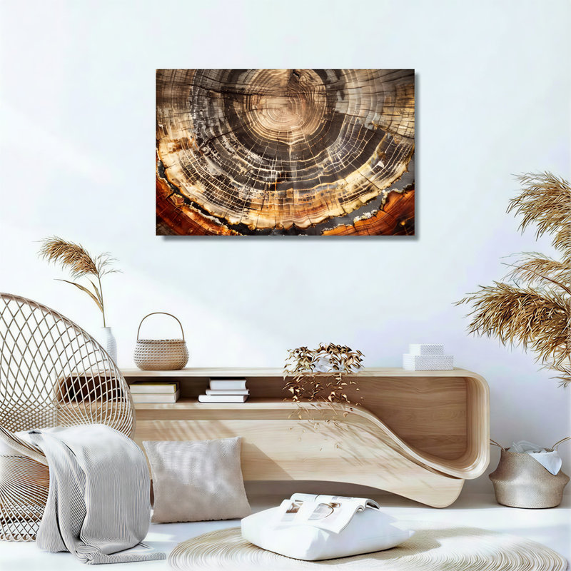 Art sur toile, anneaux de croissance d'arbre en tons de terre bruns et gris, 12"H x 18"W