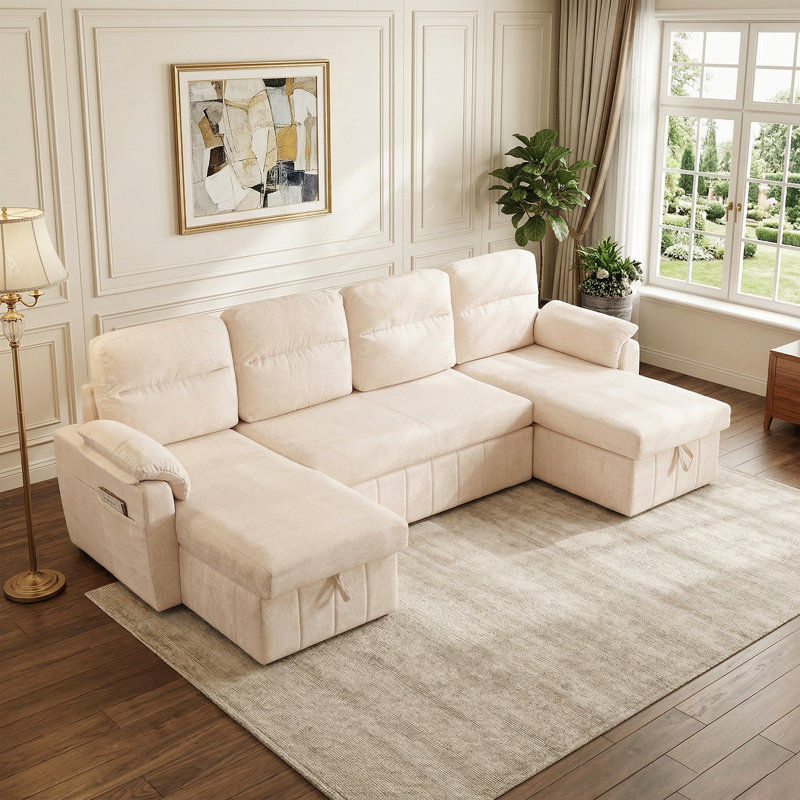 108.7" Upholstered U-Shaped Sectional Sofa Bed with Storage Pockets and USB Ports, Beige Chenille