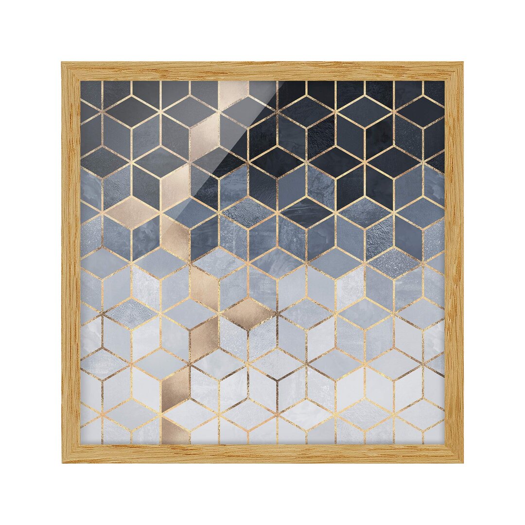 Gerahmter Grafikdruck Blue White Golden Geometry