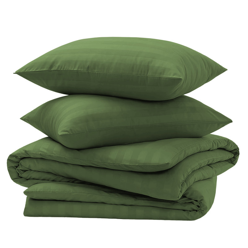 Striped 4-Piece Microfiber Bedding Set, Duvet Cover, Fitted Sheet & Pillowcases , Olive Green Striped
