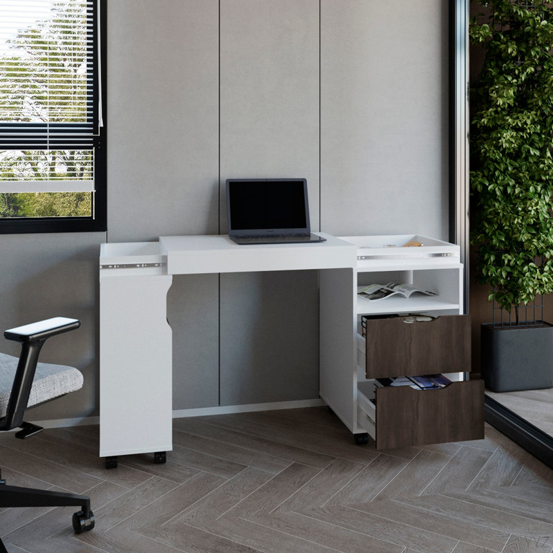 Bureau extensible, 2 tiroirs, 4 tablettes, 4 roulettes