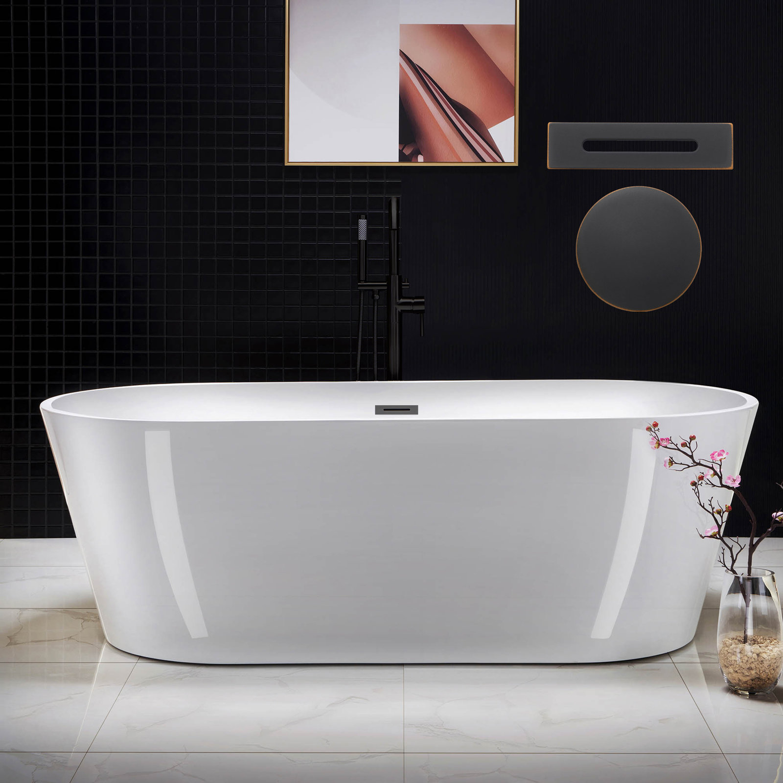 Cove 71'' Soaking Acrylic Bathtub, White/Oil Rubbed Bronze