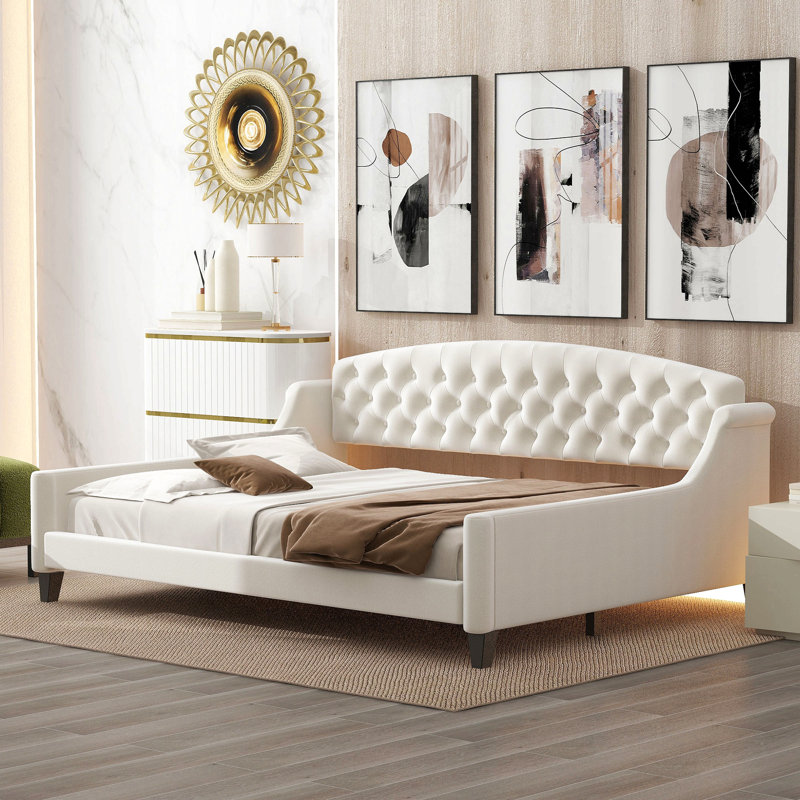 Lit de jour à boutons capitonnés Meadowlyn, Beige, Complet/Double