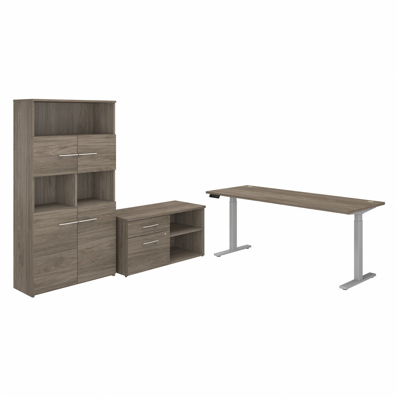 Bush Business Furniture Office 500 72W Height Adjustable Standing Desk with Storage and Bookcase, Modern Hickory