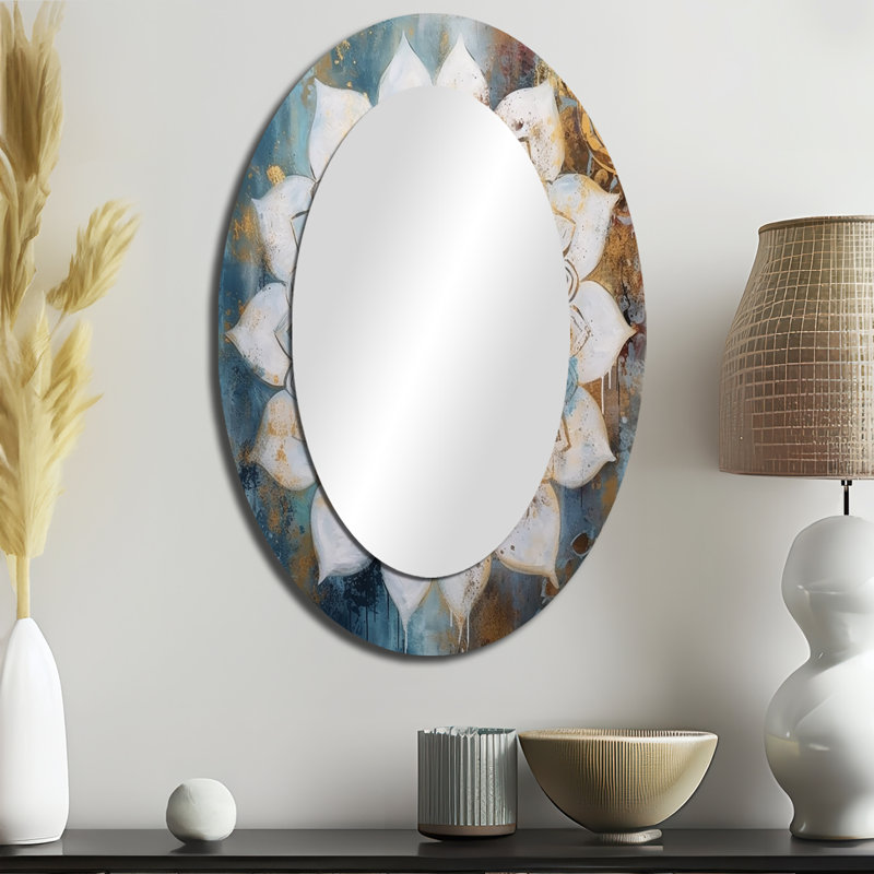 White And Gold Mandala II - Geometric Oval Decorative Mirror On Metal, 36" x 24"