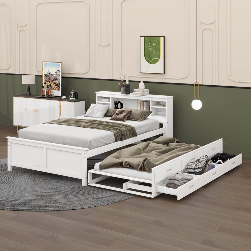 Lit plateforme avec tête de rangement Agnes, USB, lit gigogne et 3 tiroirs Agnes, Double, Blanc