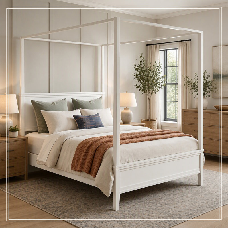 Cadre Darshan avec tête de lit et plateforme en bois à baldaquin King Size, Blanc