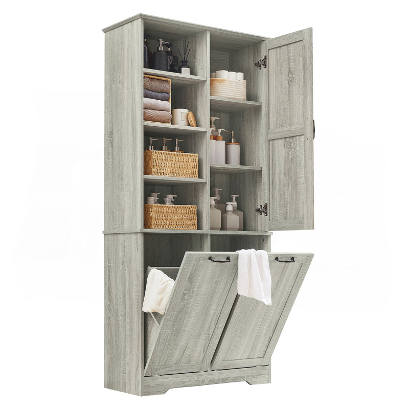Bathroom Storage Cabinet With Doors And Drawers, Tilt-Out Laundry Hamper, Multiple Storage Space, Freestanding Style, Open Shelve, Adjustable Shelf, Oak