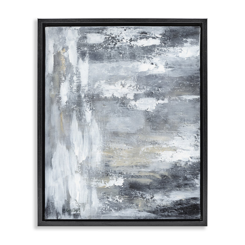 Art mural abstrait gris brossé par Roy Ebert, H 31 po x l 25 po, Cadre flottant noir de jais