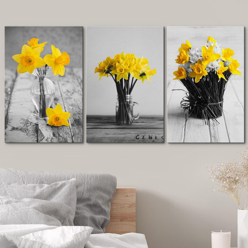 Fleurs jaunes dans des vases 3 pièces, Toile tendue, H 24 po x l 16 po