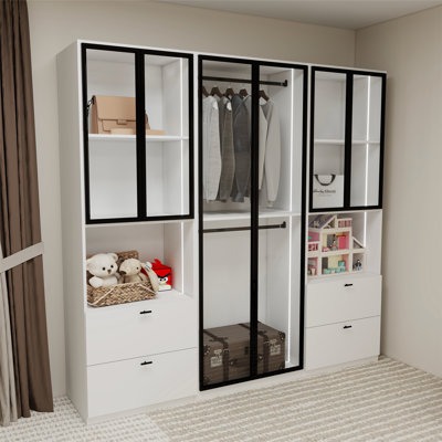 Placard garde-robe plat blanc avec éclairage DEL, portes en verre et tiroirs à fermeture en douceur - l 96 po x H 93 po x P 21 po
