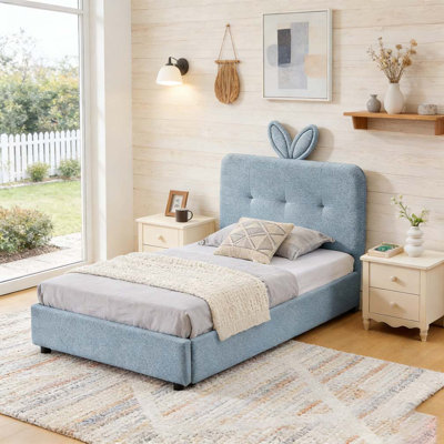 Upholstered Bed with Oversized Rabbit Ear Headboard, LED Light & 4 Storage Drawers