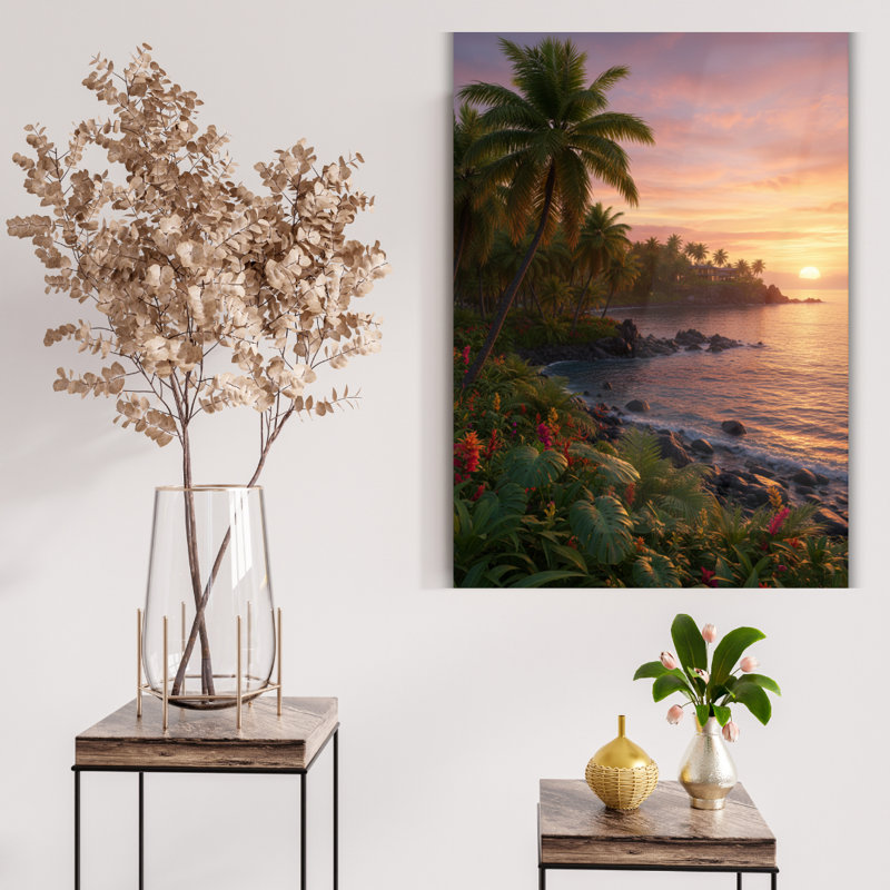 Art mural en verre trempé Tropical Beach Sunset, H 20 po x l 16 po