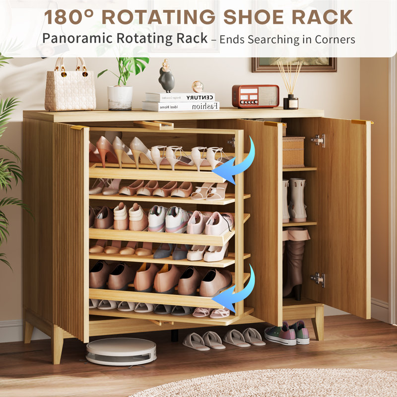 5-Tier Shoe Cabinet with Rotating Shoe Rack and Adjustable Shelves, Freestanding Shoe Storage Cabinet, Oak