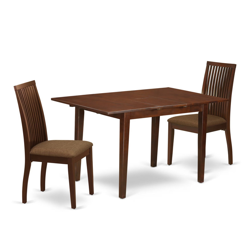 L'ensemble de meubles de salle à manger 3 pièces comprend une table de cuisine rectangulaire avec feuille papillon et 2 chaises rembourrées en tissu de lin, 32 x 54 pouces, acajou