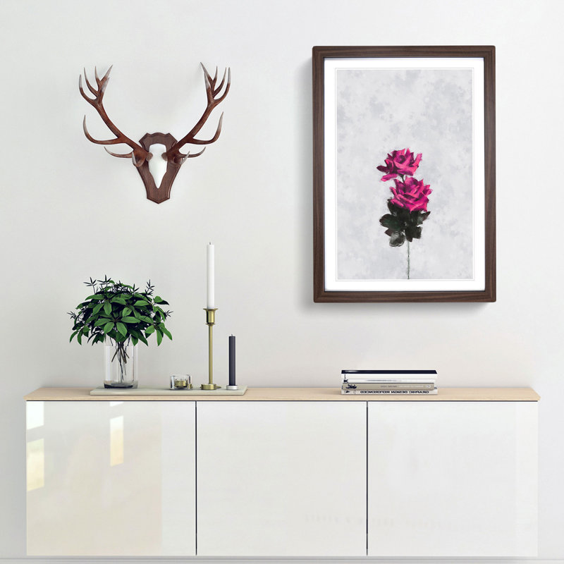 Two Pink Roses 1 Piece Single Picture Frame Painting on MDF, 87cm H x 62cm W x 2cm D, Walnut Framed