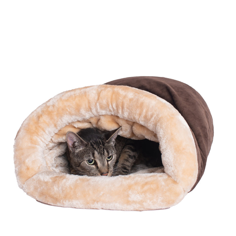 Mocha and Beige Faux Fur Cat Tunnel Bed