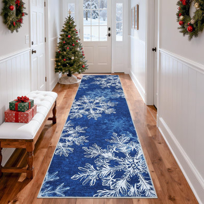 2x8ft  Christmas Snowflakes Printed Area Rug Washable Non Slip,Soft Indoor Carpets,Low Pile Xmas Decoration Rugs
