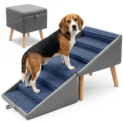 2-in-1 Foldable Dog Stairs & Pet Ramp Ottoman, 16.93"H Non-Slip Carpeted Steps for Small Dogs, Solid Wood for Couches & Bed