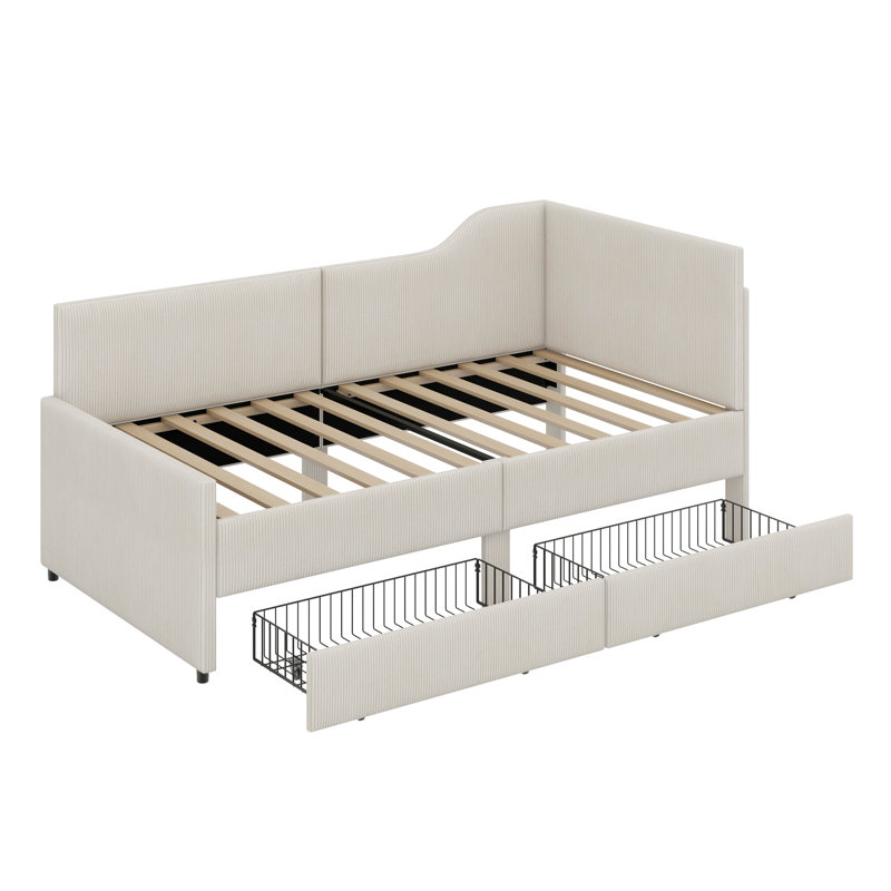Twin Size Bed Frame Corduroy Upholstered Bed Frame With 2 Storage Drawers, Beige