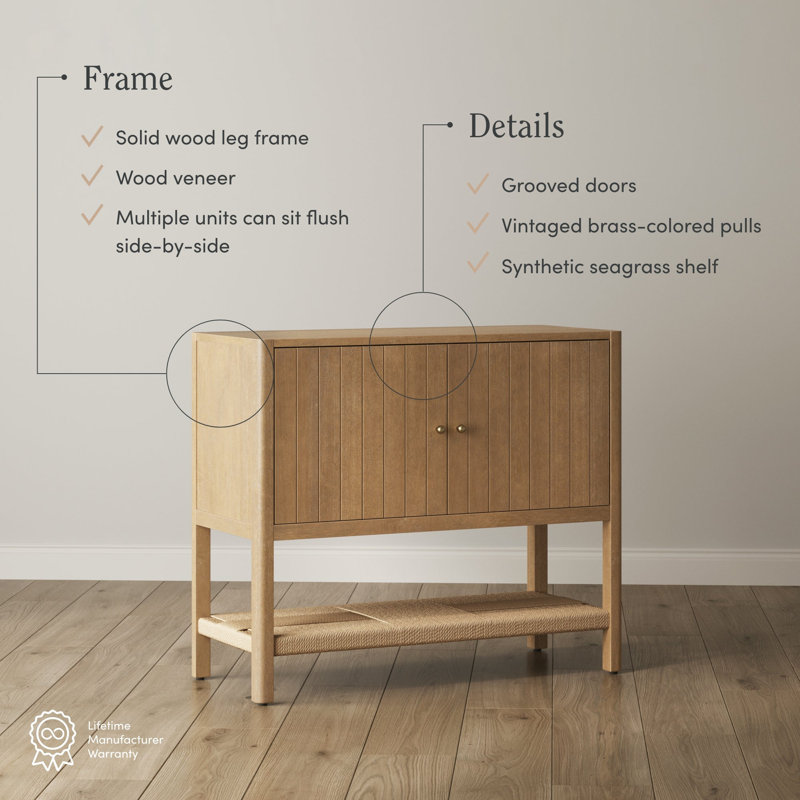 Wood Accent Cabinet Or TV Stand With Open Seagrass Storage, Brown