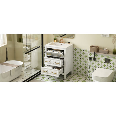 Meuble-lavabo blanc rétro 24 po avec lavabo en céramique, 3 tiroirs, structure en bois massif - Protection contre les débordements