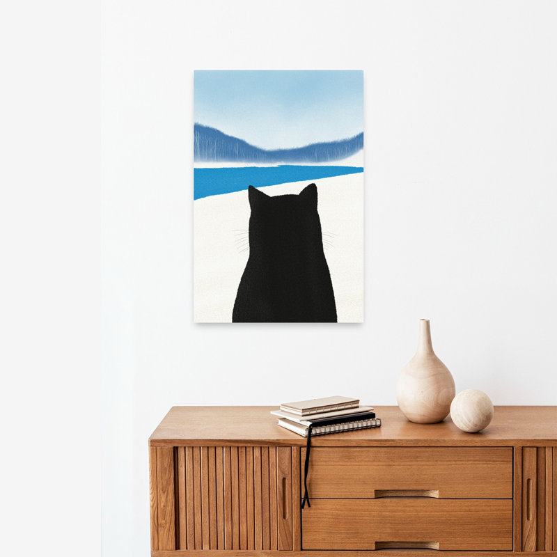 «Black Cat Winter View Minimalist Peaceful Serene Cat Landscape Mountain», reproduction d'art murale, H 24 po x l 16 po