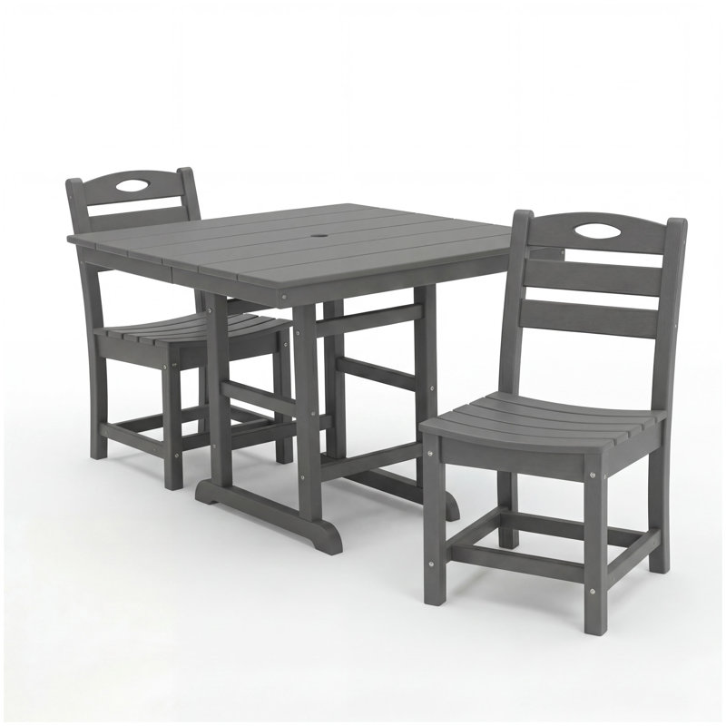 Gray HDPE Outdoor Patio Dining Set, 37.8 in. Square Table with 2 Chairs, All-Weather 3-Piece Bistro Set, Gray