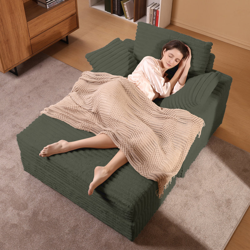 Méridienne surdimensionnée rembourrée en velours côtelé avec repose-pieds avec rangement, 3 coussins inclus, canapé-lit convertible Cloud