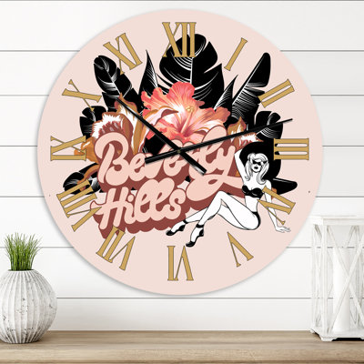 Beverly Hills, jolie fille avec des fleurs - horloge murale moderne