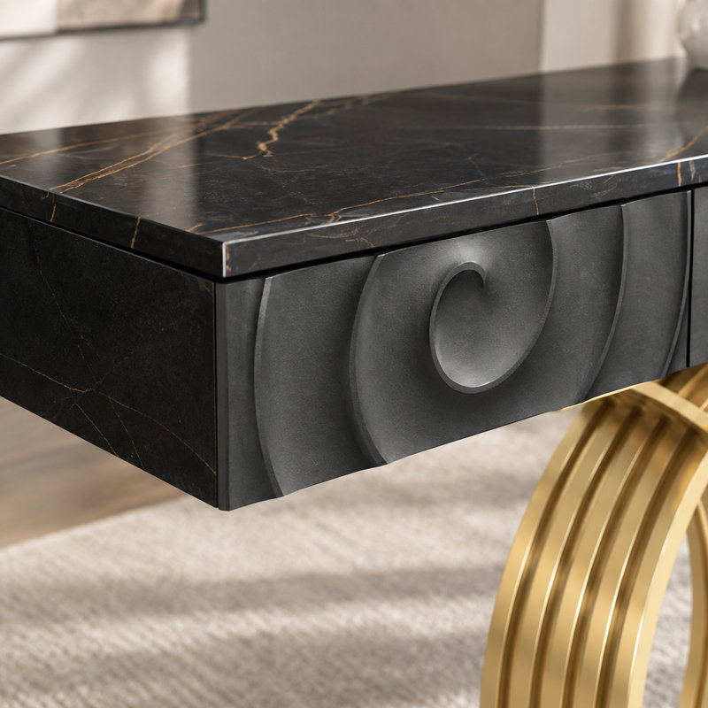 Table console d'entrée étroite moderne de 121 cm (47,54 po) avec 3 tiroirs, noire et dorée, avec structure en métal