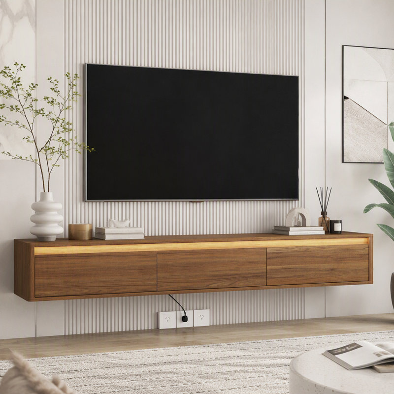Meuble télé flottant, meuble télé mural avec lumières DEL et prise de courant, meuble télé ultrabrillant, Brun 1