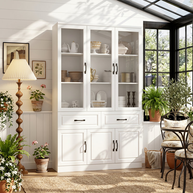 White Multifunctional Lacquered China Cabinet Dining Cabinet - Glass Door + 2 Drawers