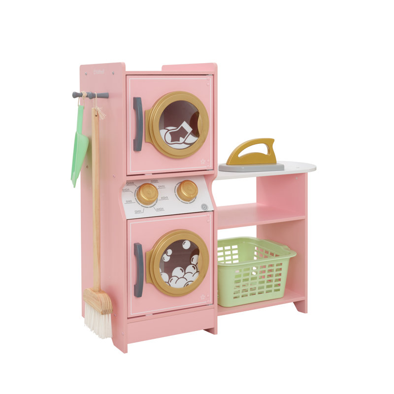 Laundry Play Set Children's Pretend Wooden Stacking Washer And Dryer Toy With 4 Accessories, Pastel