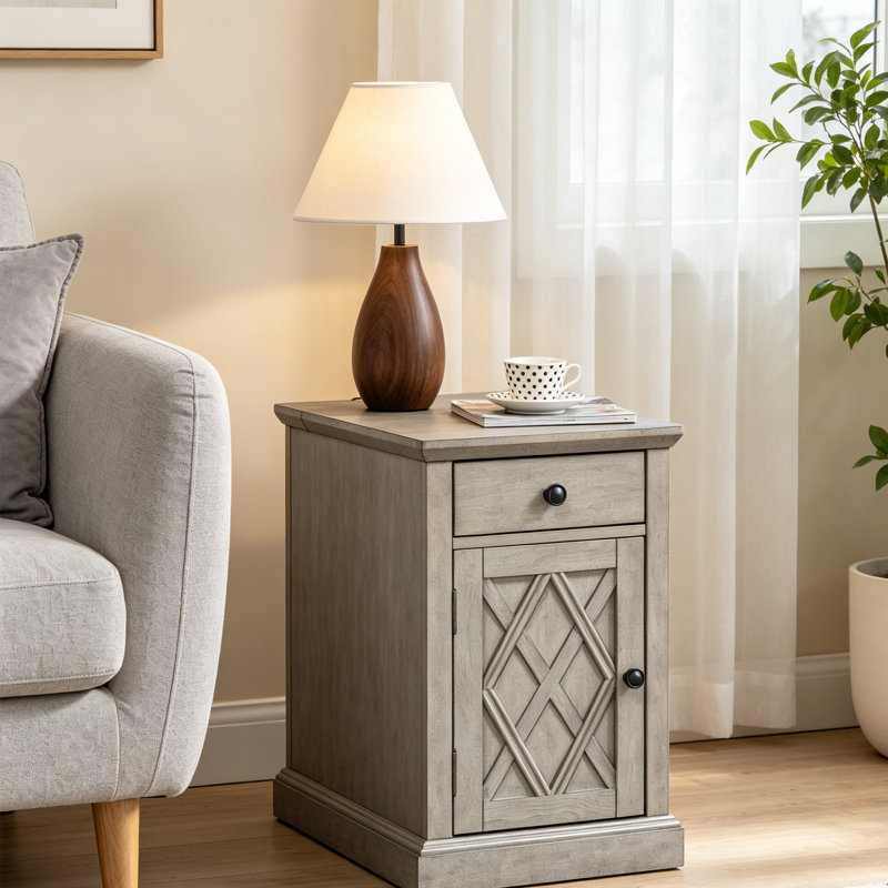 Table de bout Farmhouse avec station de charge - Table d'appoint étroite et table de chevet avec tiroir, armoire de rangement