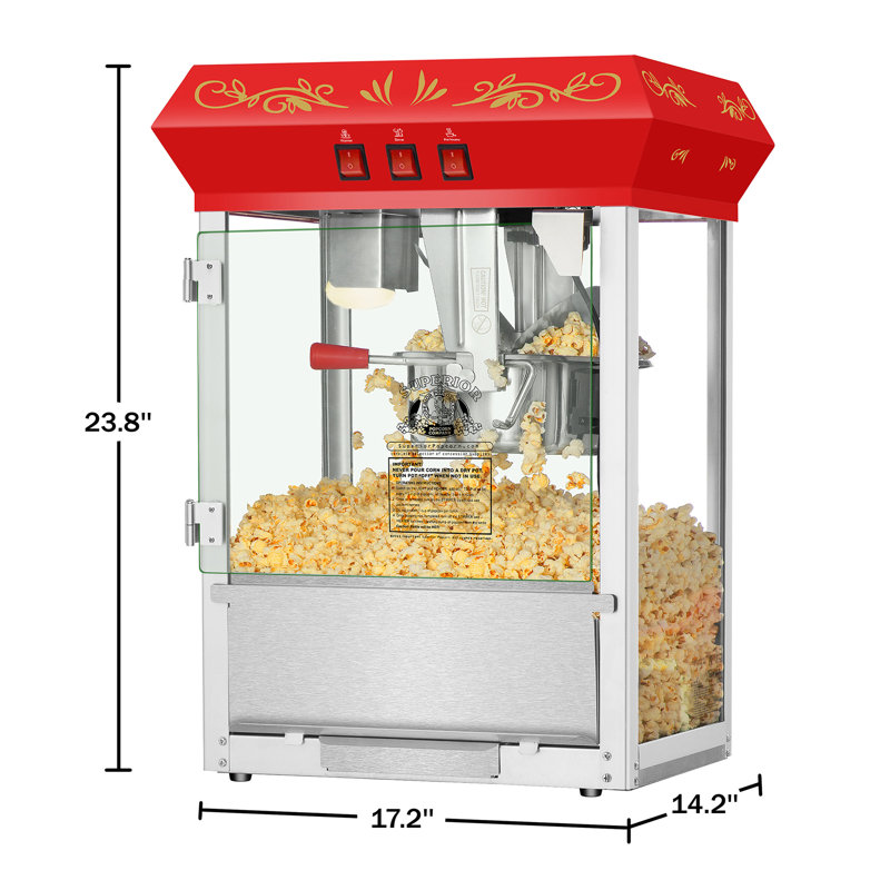 Machine à popper 8 oz Superior Popcorn Company - Machine à maïs soufflé de comptoir - Popper de cinéma de style antique - Bouilloire 8 oz, tiroir Old Maids, plateau chauffant et pelle (rouge)