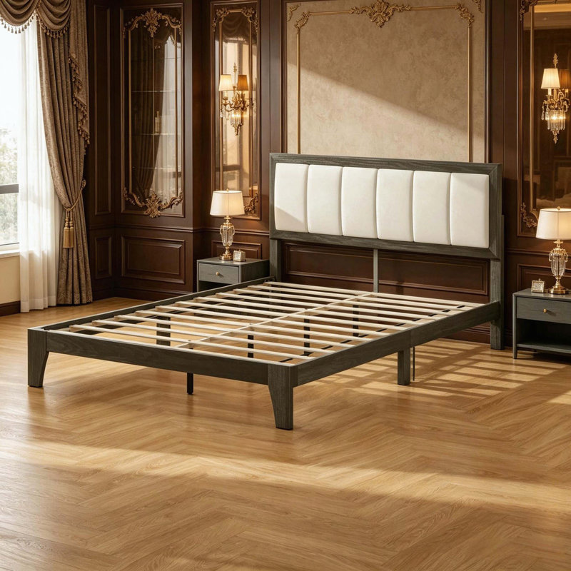 Full Size Bed Frame with Upholstered Linen Headboard