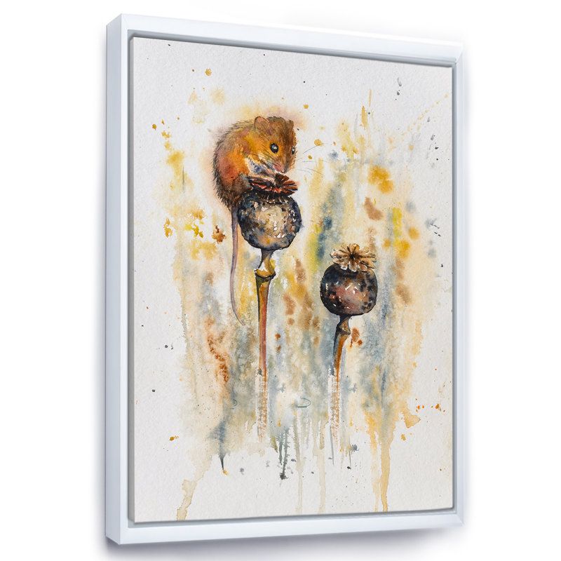 Souris assise sur des coquelicots - Peinture sur toile, H 32 po x l 24 po x P 1 po, Toile blanche encadrée