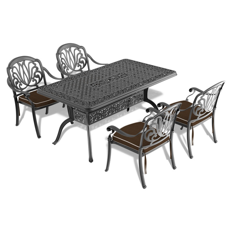 Patio d'extérieur en aluminium coulé avec 4 coussins - noir, eau, table rectangulaire pour espaces 5 pièces, protégé, confortable, chaises empilables,