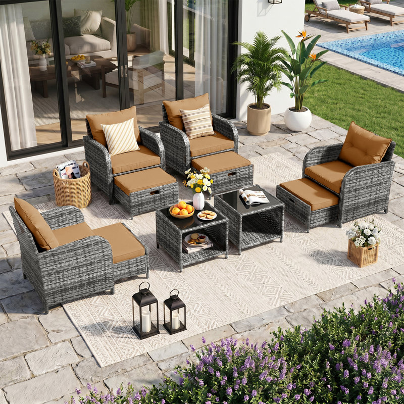 4-person Outdoor Wicker Patio Conversation Set, Modular Sectional Seating Group With Ottomans And Tempered Glass Coffee Table, Weather-resistant All-weather Furniture Set For Backyard Deck Poolside