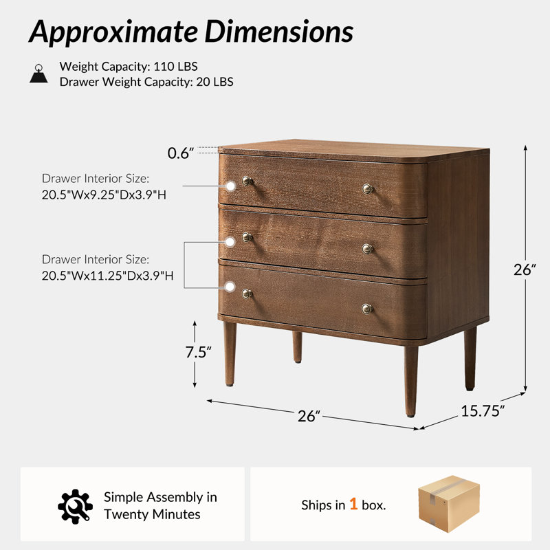 Cridford Modern 26"W 3-Drawer End Table and Curved Body with Solid Wood Legs Built-in Outlet, Walnut