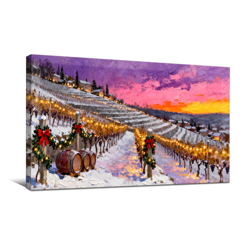 Christmas Snowy Vineyard Christmas Lights Sunset Landscape, H 28 po x l 58 po