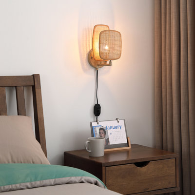 Amud 1 - Light Natural Woven Bamboo Plug-in Armed Sconce, With Dimmer Switch -  Vidalite, CE1009081